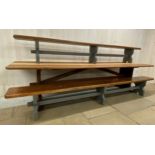 Good Arts and Crafts type pitch pine refectory table with arched stretcher, H 74cm x W 302cm x D