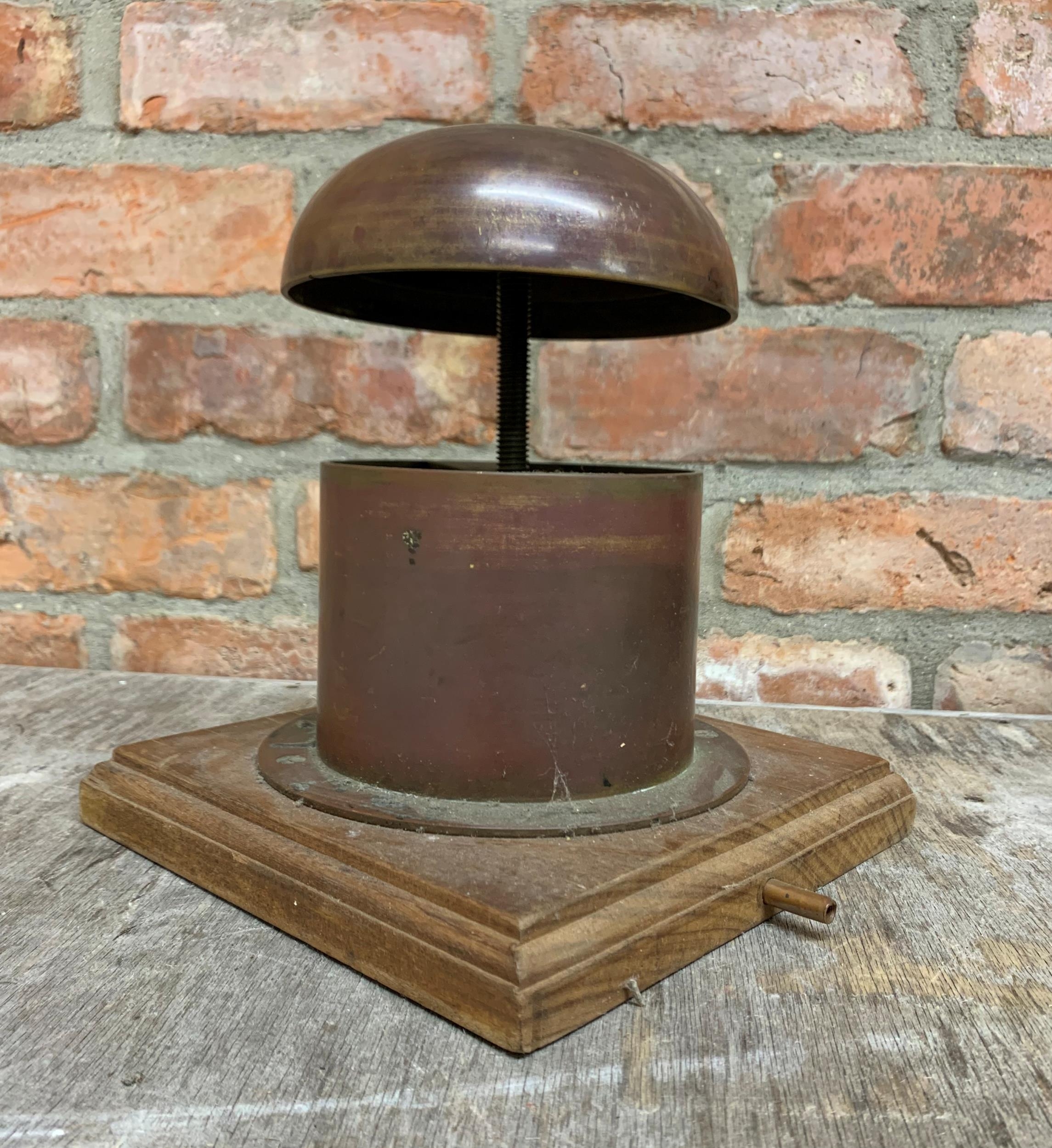 Antique copper bowler hat shaper mould on wooden base, H 27cm - Image 3 of 3