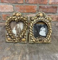 Pair of Victorian sea shell sailors valentines picture frames with photographs, H 20 x W 15cm