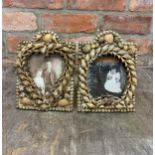 Pair of Victorian sea shell sailors valentines picture frames with photographs, H 20 x W 15cm