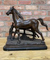 Cast bronze study of a horse and fence, on black marble base, H 36cm x W 39cm