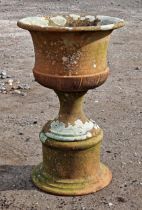 Good quality weathered three piece terracotta urn with flared rim, H 70cm