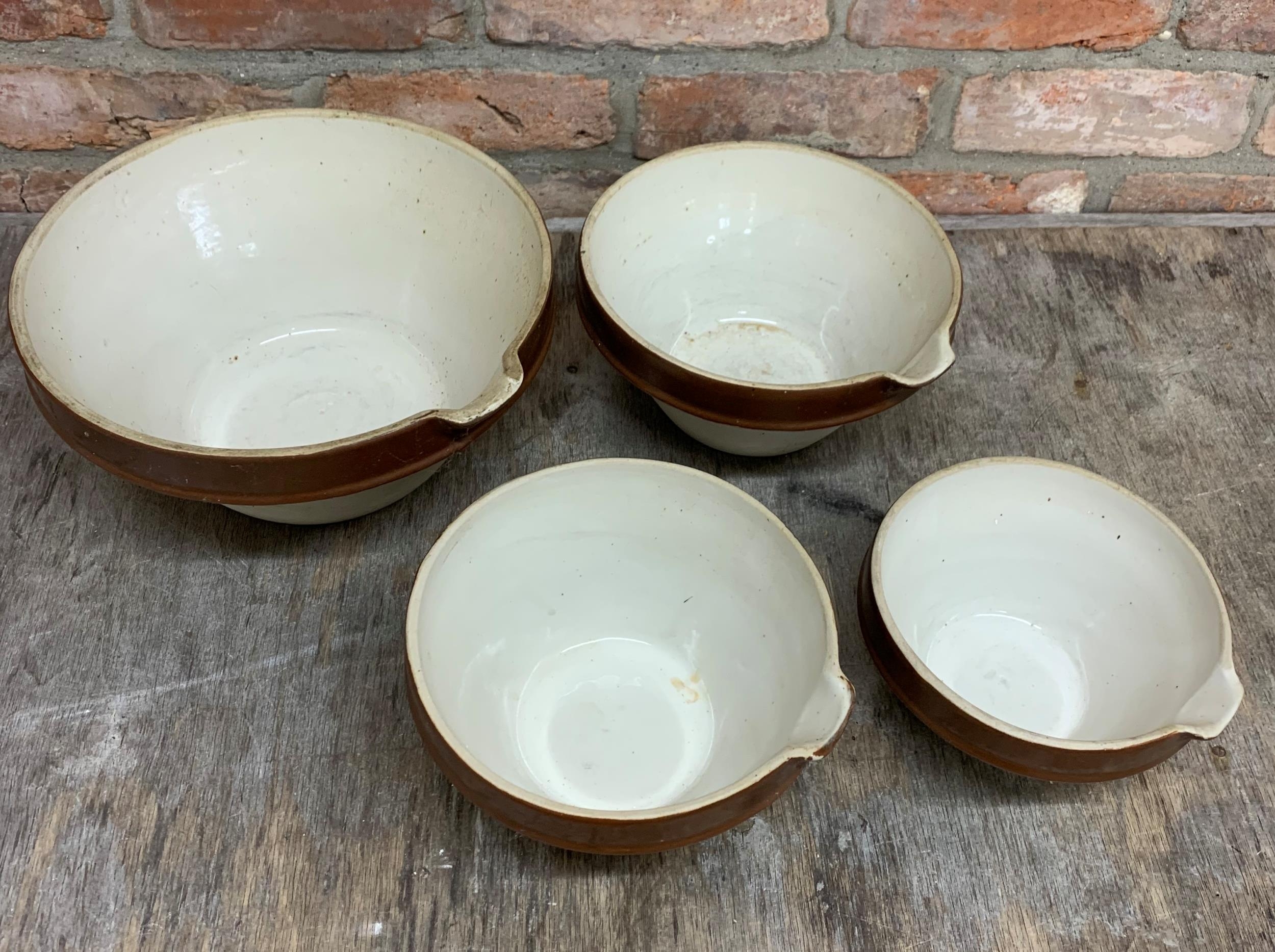 Set of four graduated glaze terracotta spouted dairy bowls, the largest H 14cm x D 31cm - Image 2 of 4