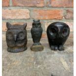 Quantity of antique owl collectables to include match striker, ceramic tobacco jar and carved wood