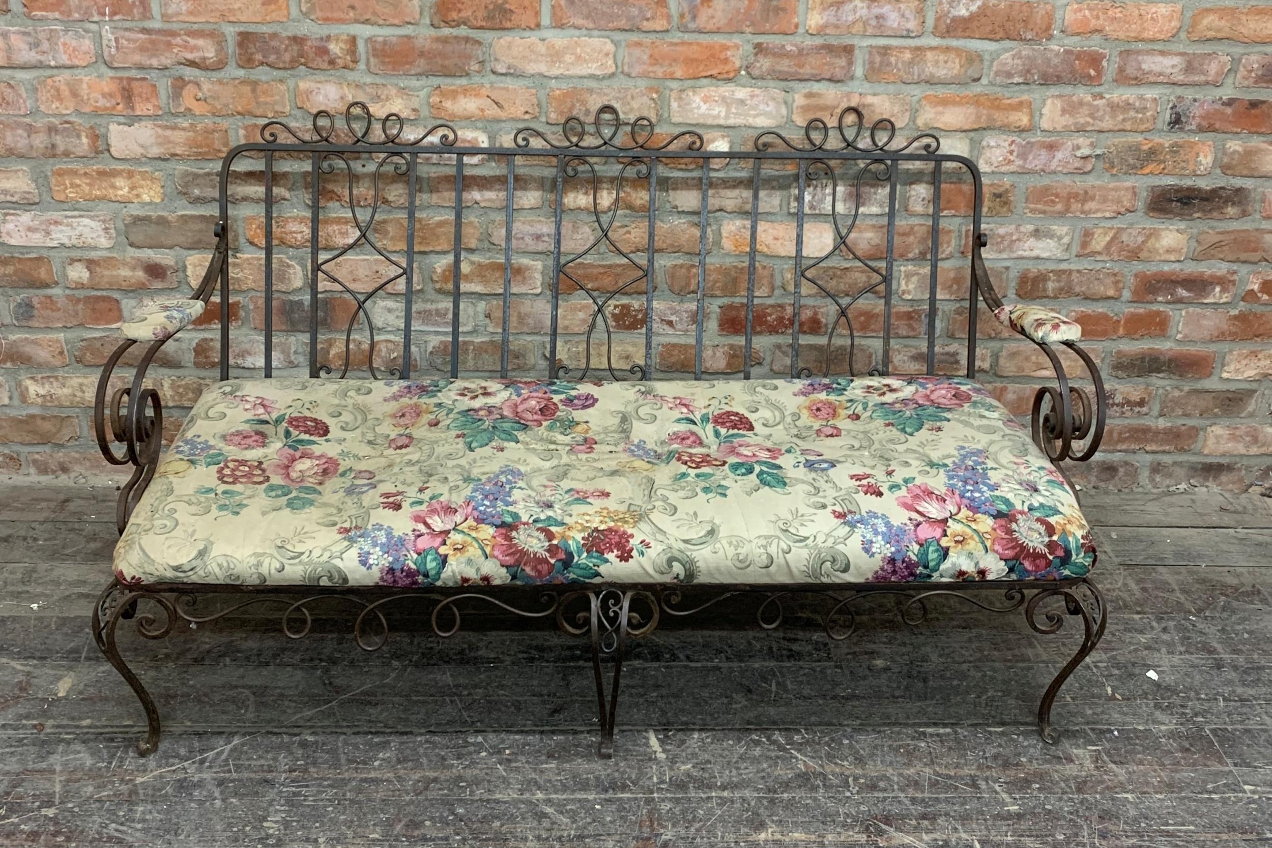 Vintage French wrought iron three piece upholstered suite, the sofa H 83cm x W 153cm x D 86cm, - Image 2 of 4