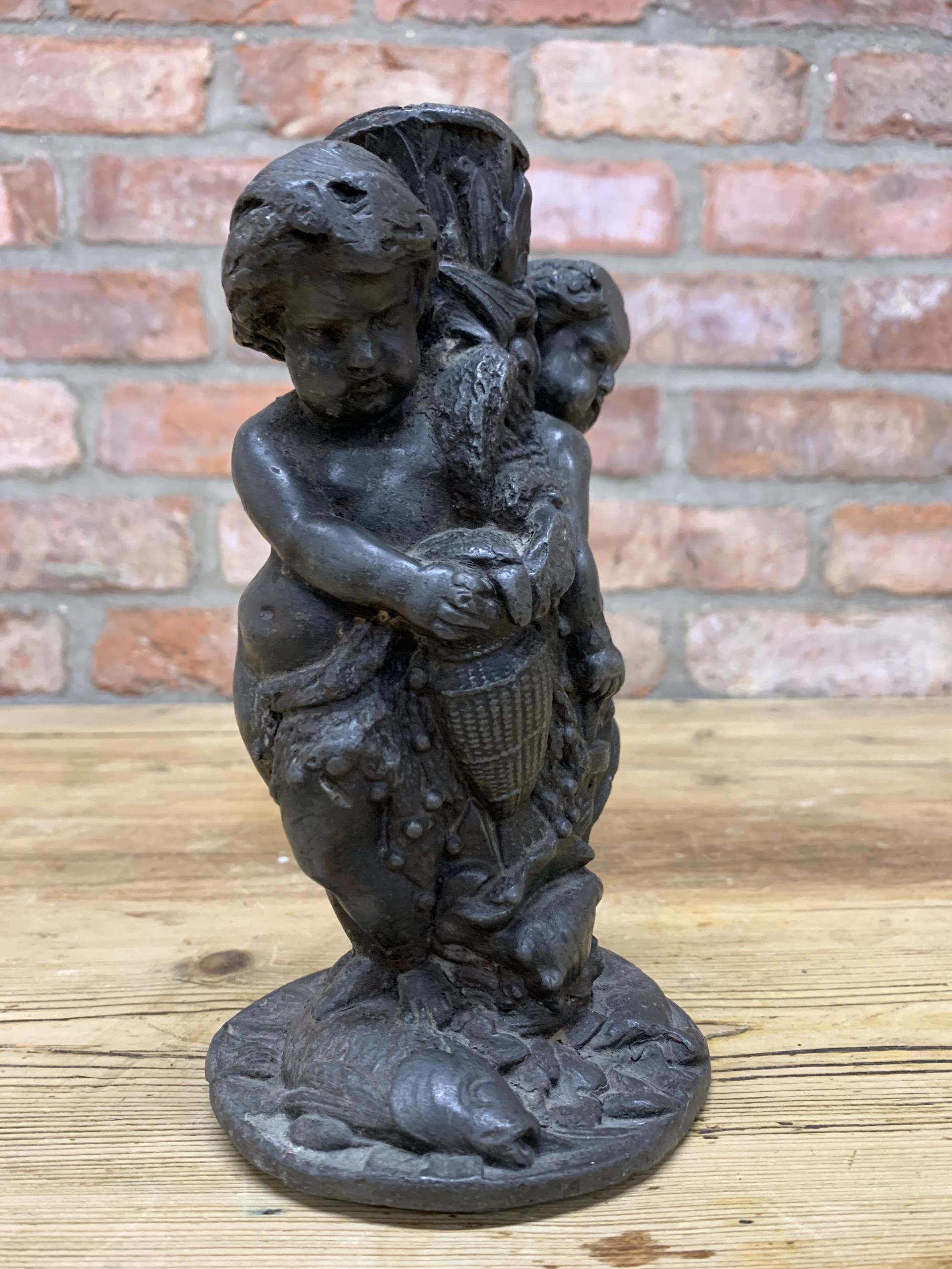 Antique Baroque period heavy lead fountain stem with tree stump and cherub decoration, H 20cm - Image 2 of 4