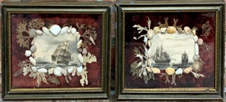 Pair of antique Victorian sailors valentines with ship, sea shell and seaweed design, 25cm x 32cm