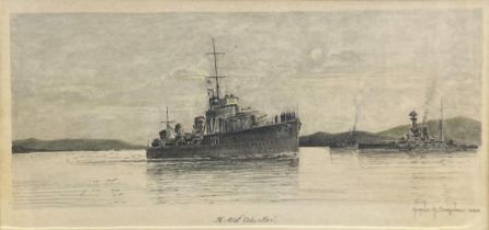 Harold H Swayne (20th century) - 'HMS Volunteer', signed and dated 1935, graphite with highlights,