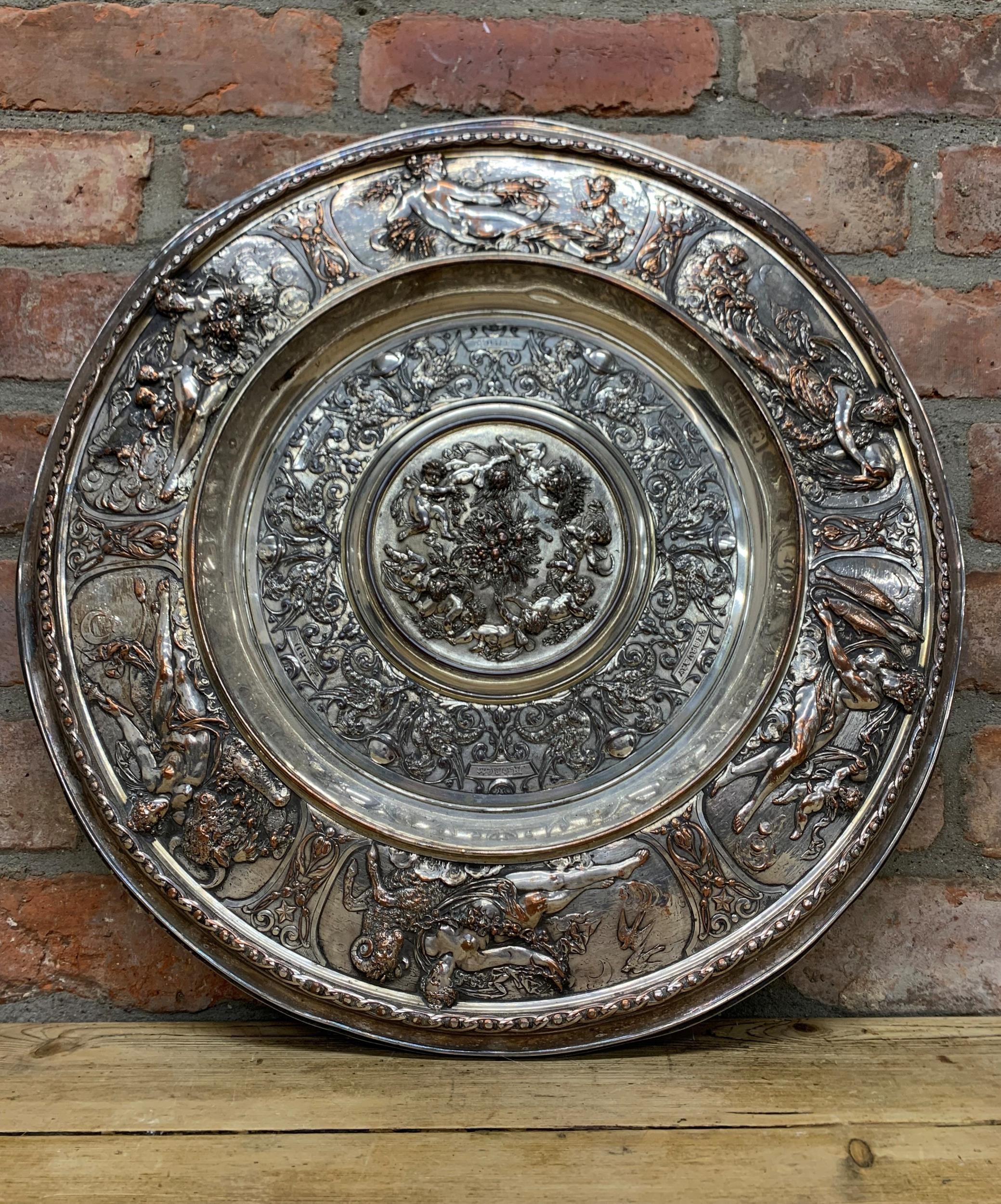 Large and impressive Elkington & Co Sheffield plated charger, with neo classical decoration from