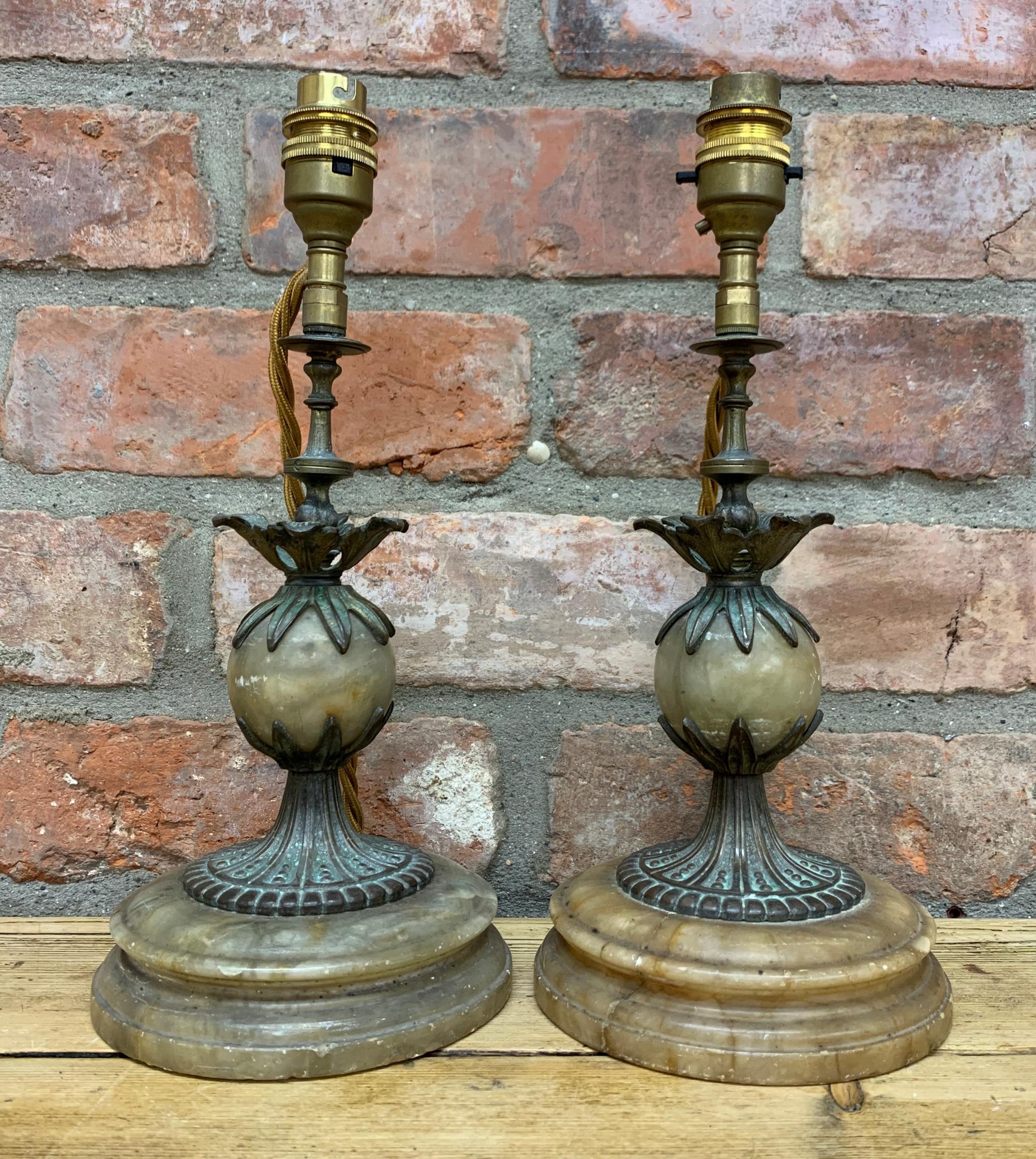 Pair of Grand Tour alabaster and bronze table lamps, H 32cm