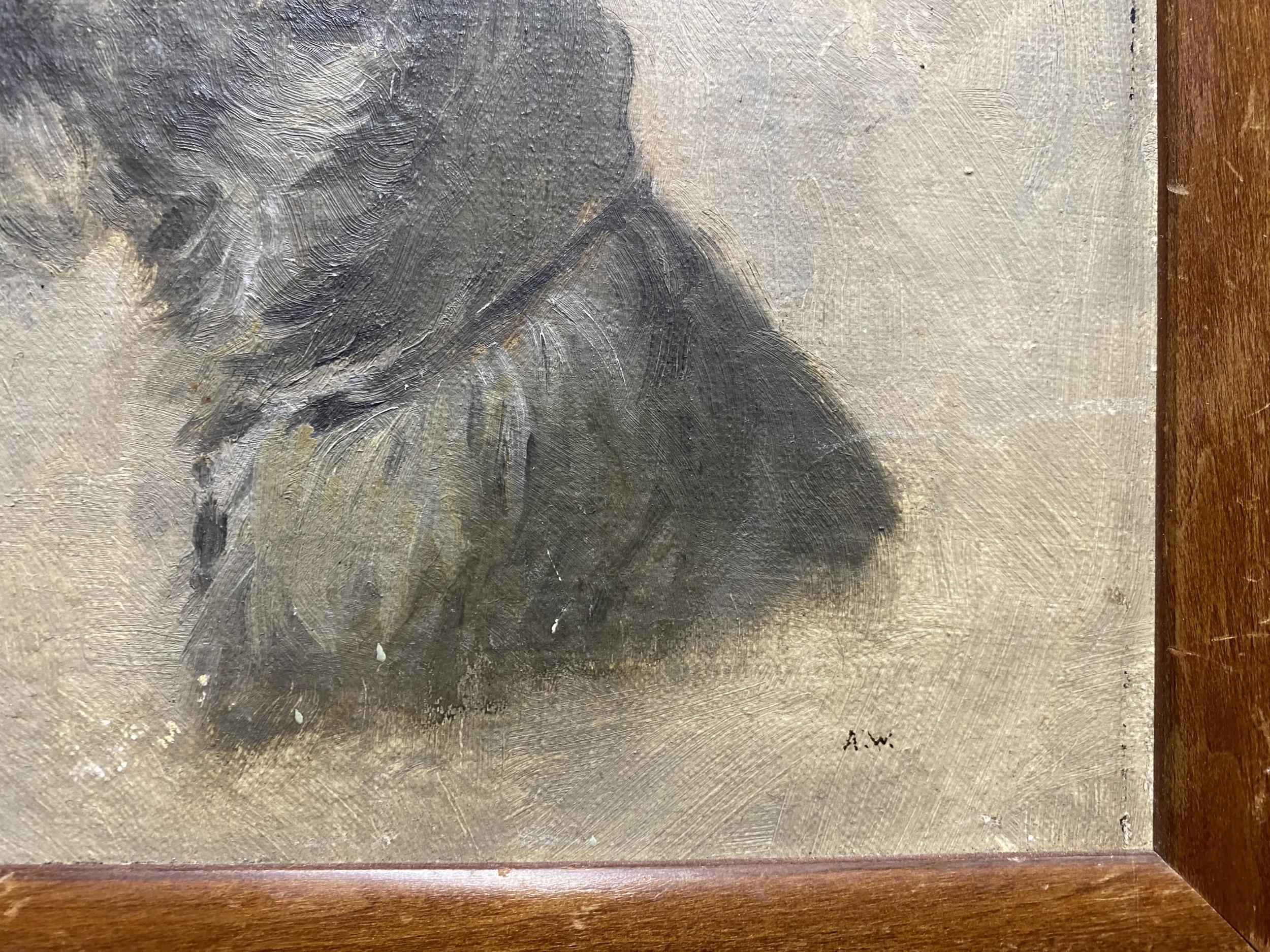 Early 20th century school - 'Jenefer' bust portrait of a terrier, monogrammed AW, oil on canvas laid - Image 3 of 4