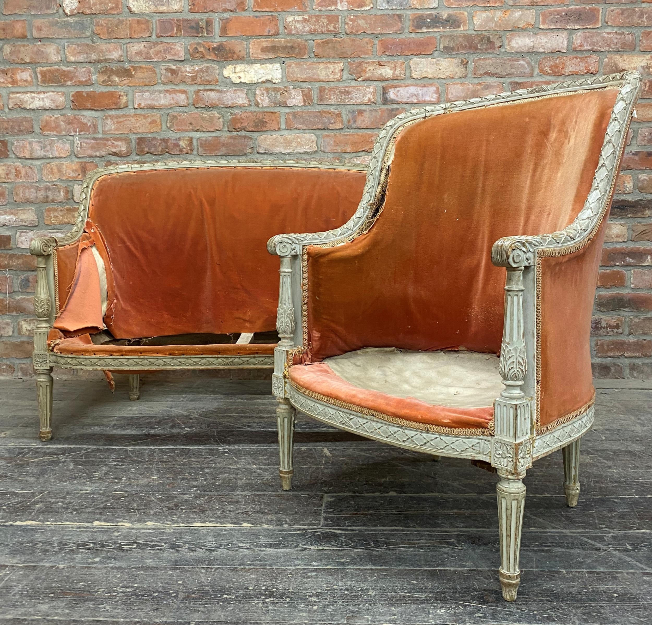 19th century French painted solon sofa and chair, with good carved framework, the sofa 114cm wide (