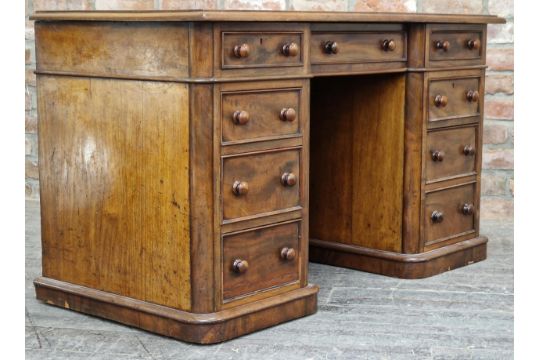 Victorian mahogany twin pedestal desk fitted with an arrangement of nine drawers, the top with inset - Image 4 of 5