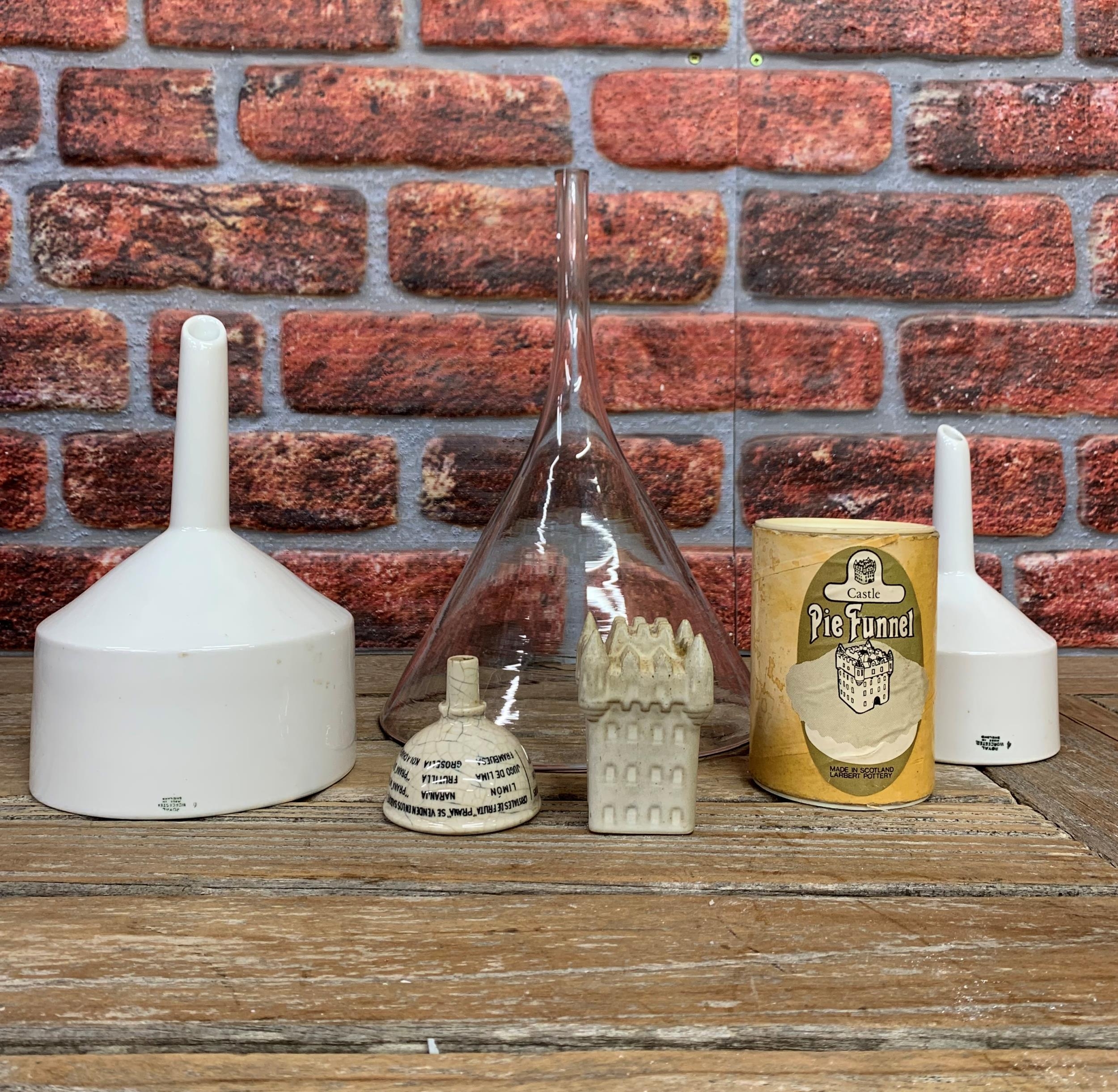 Kitchenalia - assortment of vintage kitchen funnels to include large glass and ceramic examples