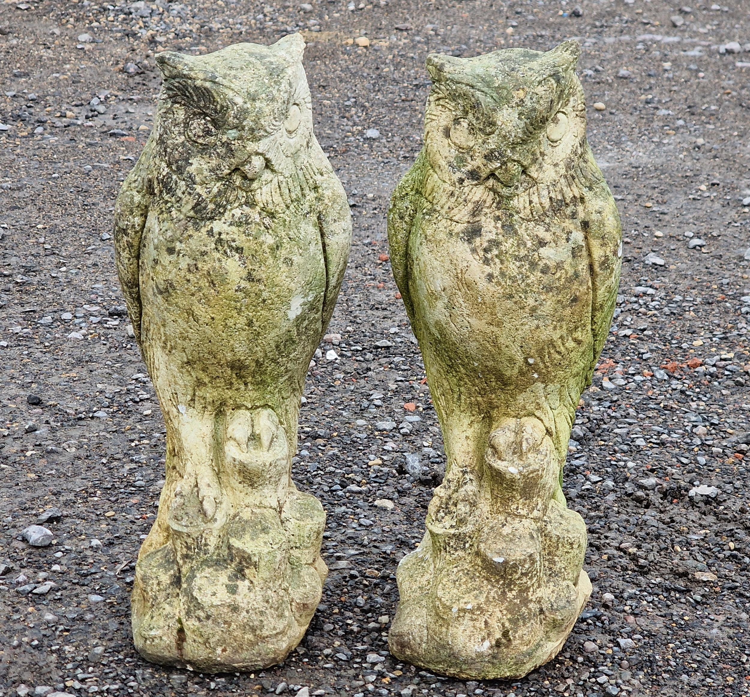 Two weathered reconstituted stone owl statues, H 38cm (2)