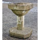 Weathered reconstituted stone octagonal bird bath with square cut column, H 57cm x W 35cm