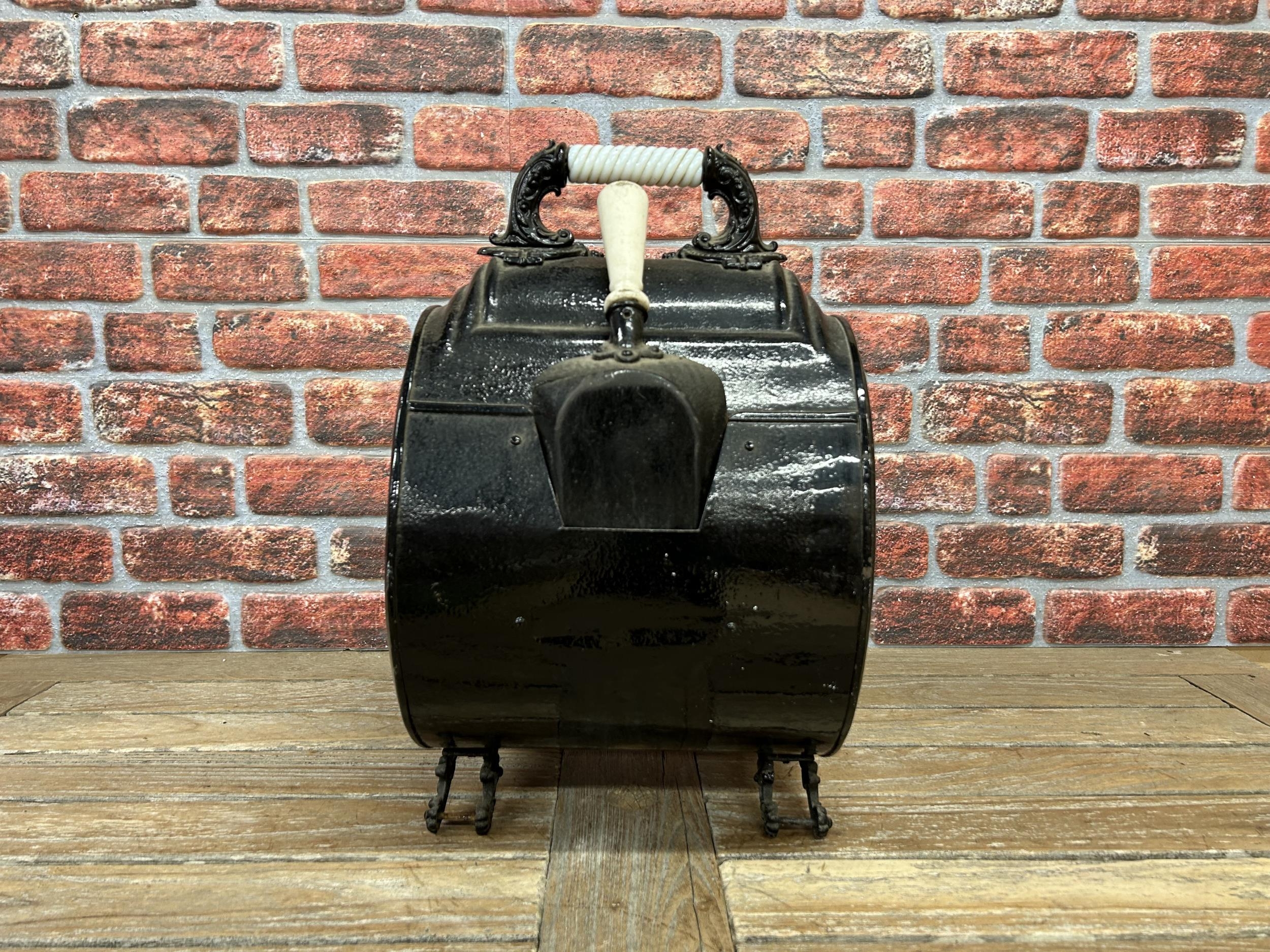 Victorian black tin coal scuttle with original scoop having white ceramic finish to handles - Image 2 of 3