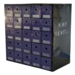 Vintage industrial metal bank of twenty five drawers, signed 'H.M.P HEWELL', H 60cm x W 60cm x D