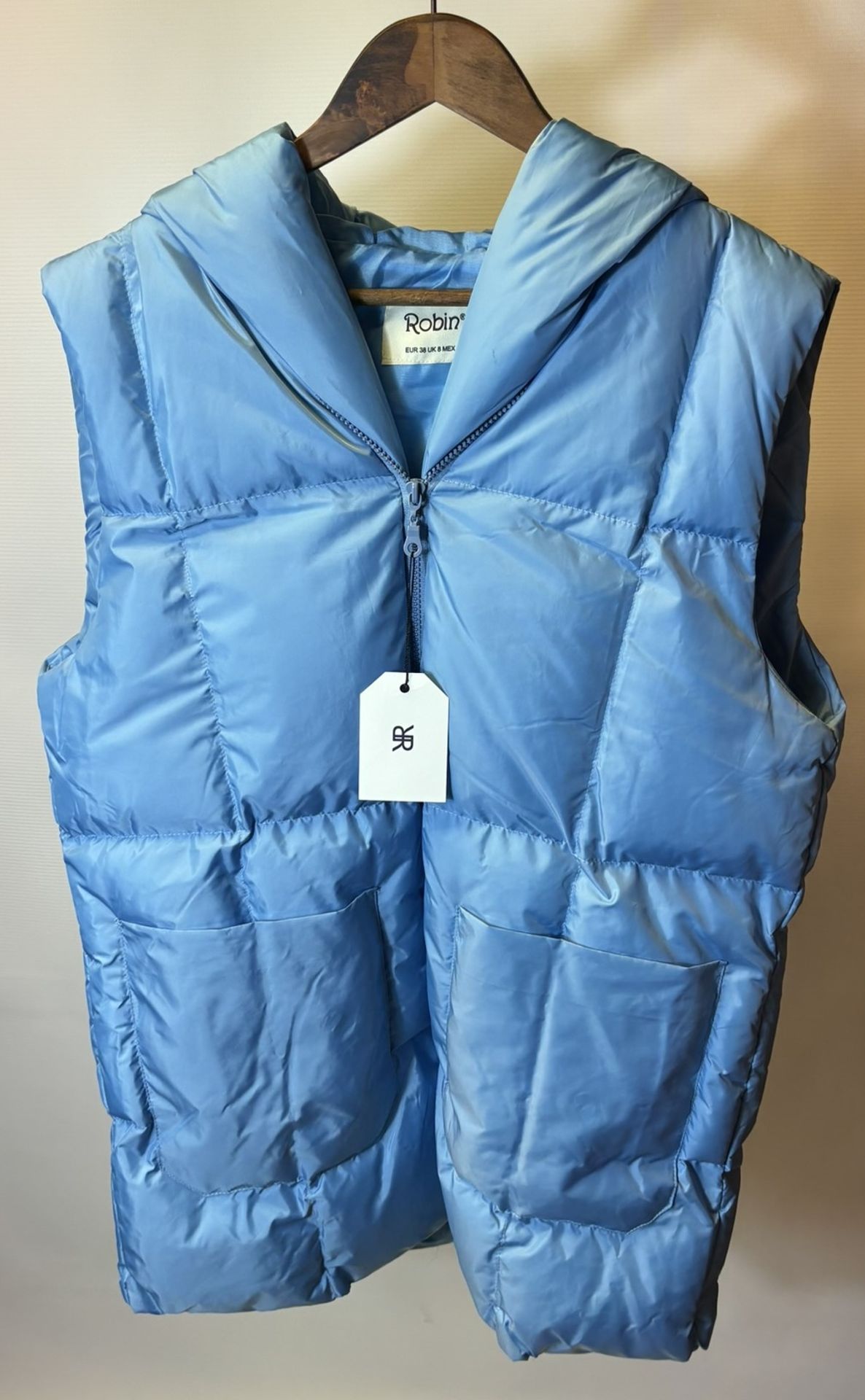Robin Medium Light Blue Short Vest With Hood, size UK8/EUR 38
