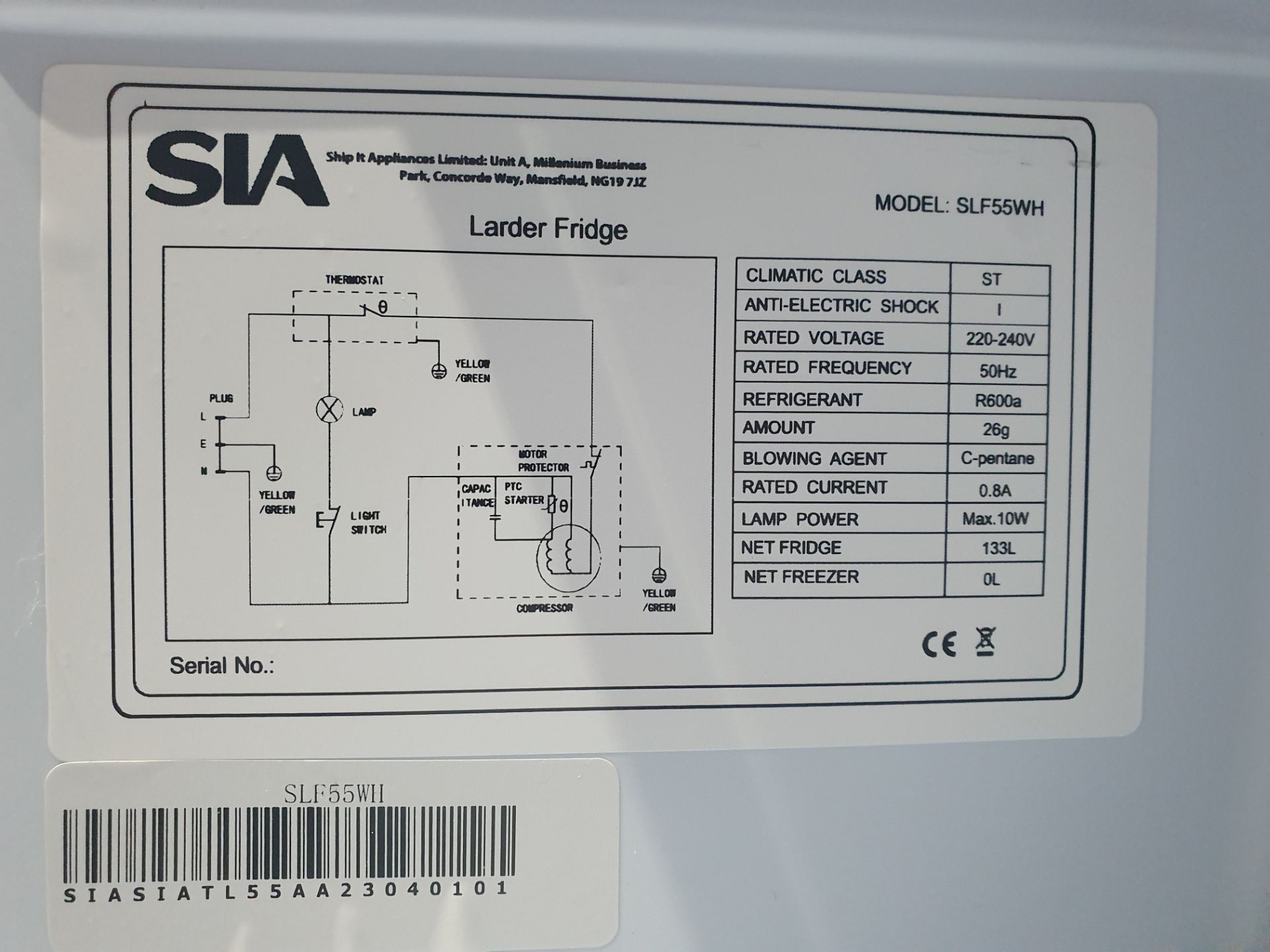 Ex-Display SIA Freestanding Under Counter Larder Fridge White SLF55WH - Image 4 of 6