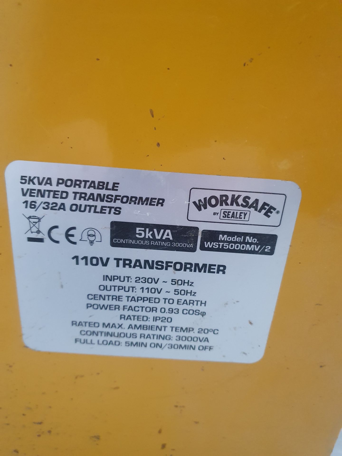 Worksafe Sealey 5KVA 110V Portable Vented Transformer - Image 6 of 8