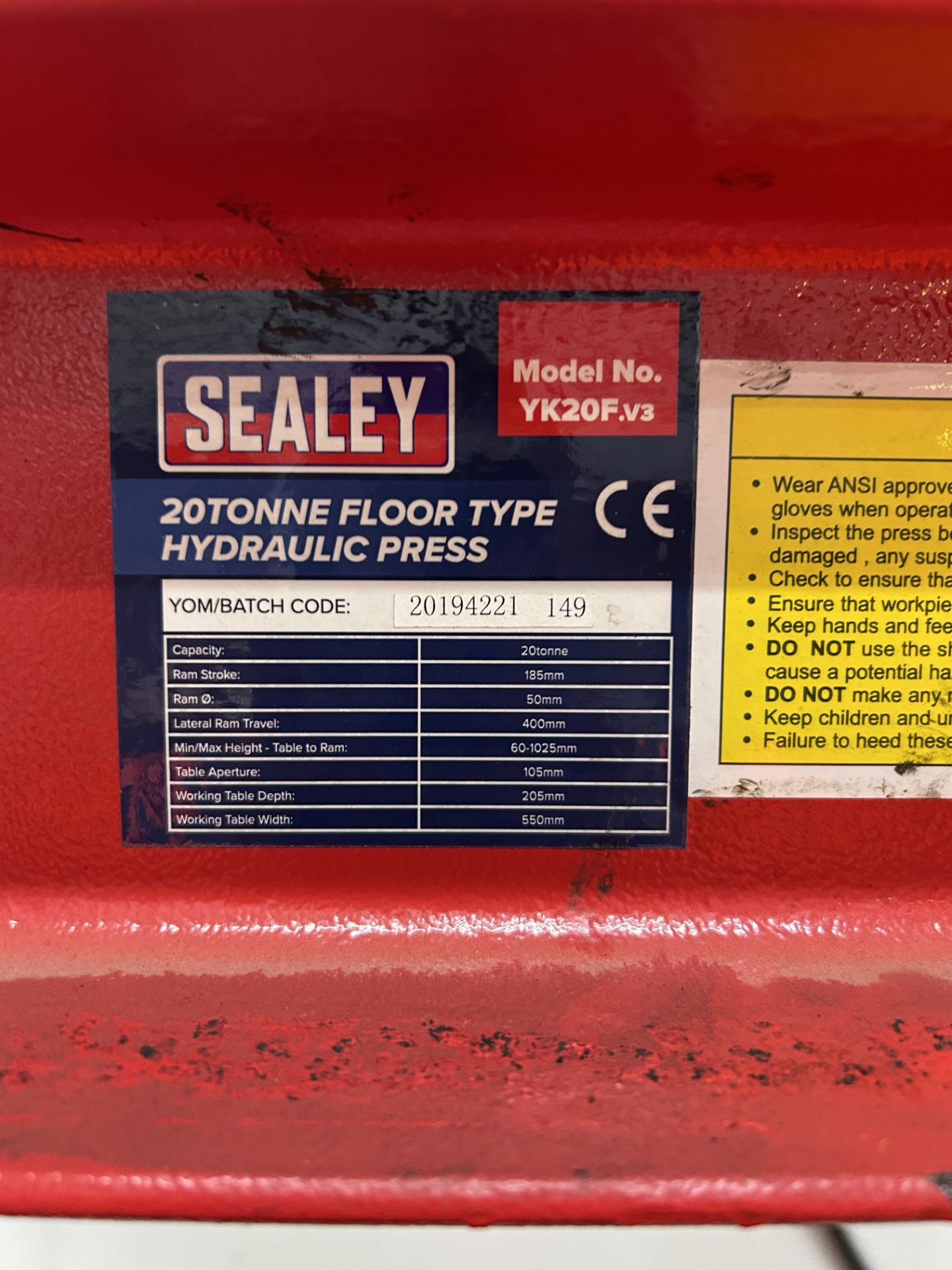 Sealey YK20F 20 Tonne Floor Type Hydraulic Press | YOM: 2019 - Image 2 of 4