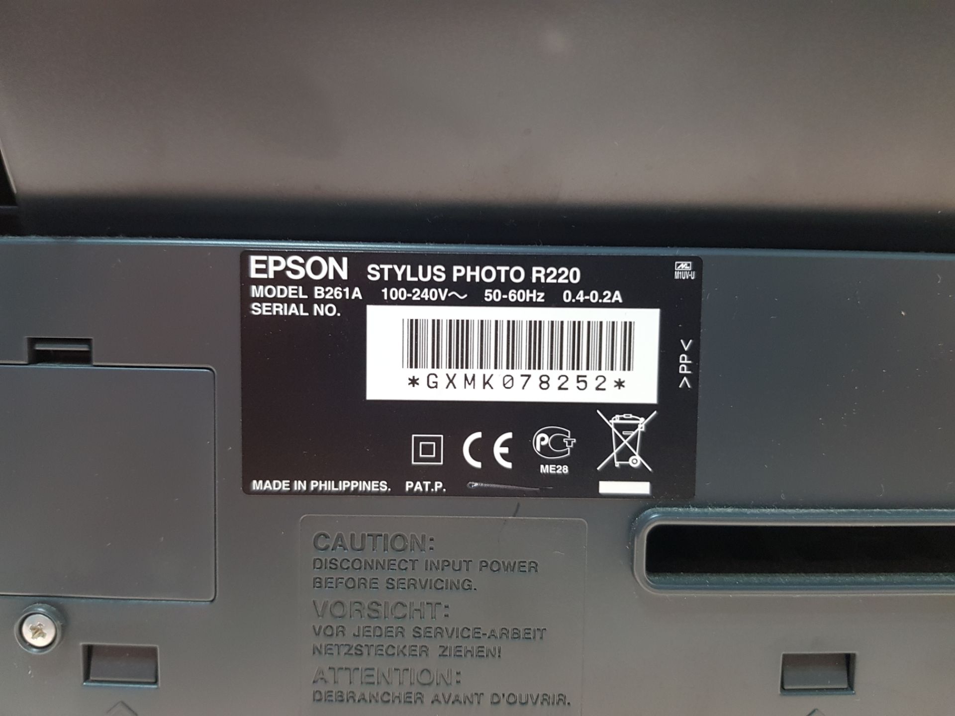 Epson Stylus Photo R220 Ink Jet Printer Model: B261A S/N: GXMK078252 - Bild 4 aus 4
