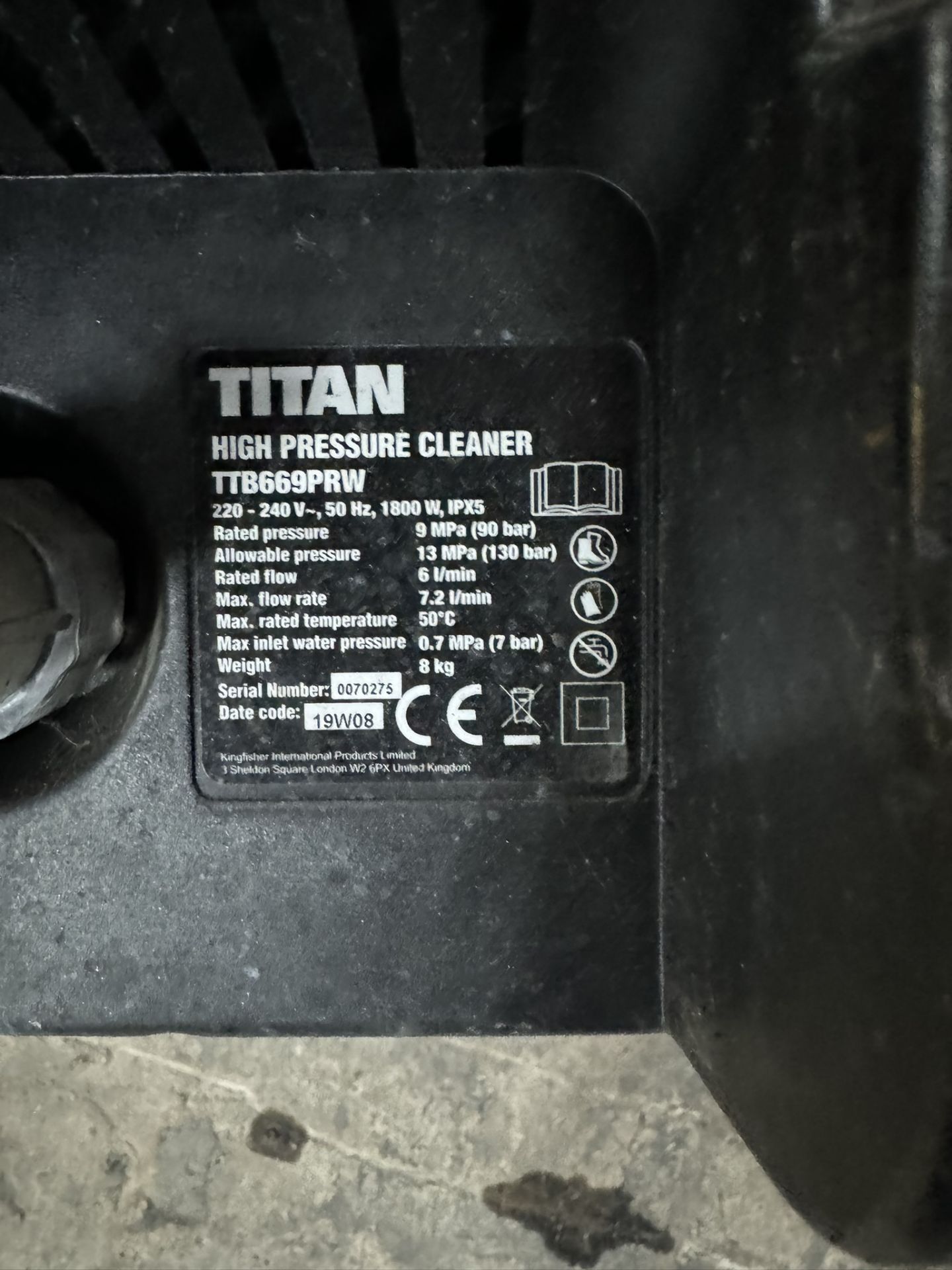Titan TTB669PRW High Pressure Cleaner ** Missing Gun** - Image 5 of 5