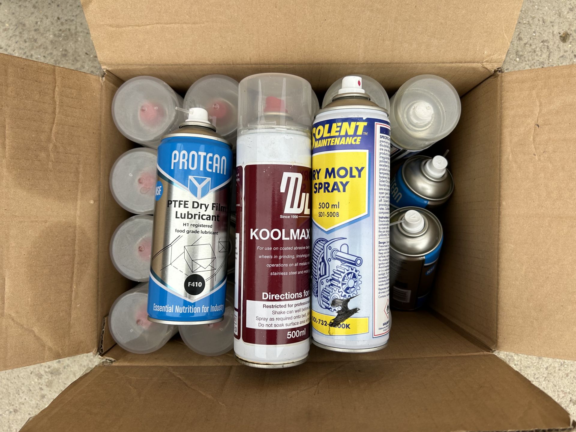 22x ASSORTED SPRAYS - 4x PROTEAN PTFE DRY FILM LUBRICANT, 12x KOOLMAX NF, 6x SOLENT DRY MOLY SPRAY