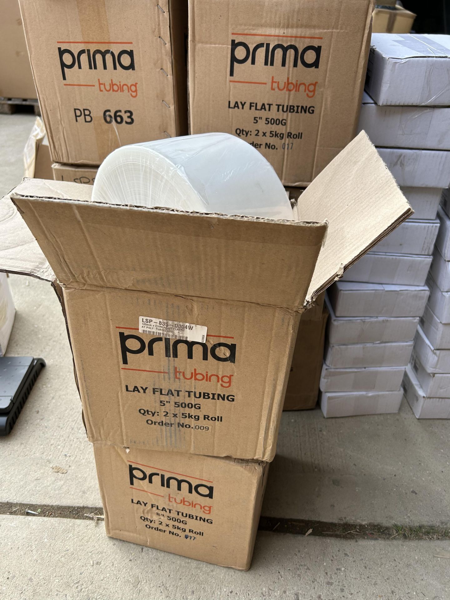 4 ROLLS OF PRIMA LAYFLAT TUBING 5" - EACH ROLL 163m LONG 500 GAUGE 5KG PER ROLL (2 BOXES OF x2)