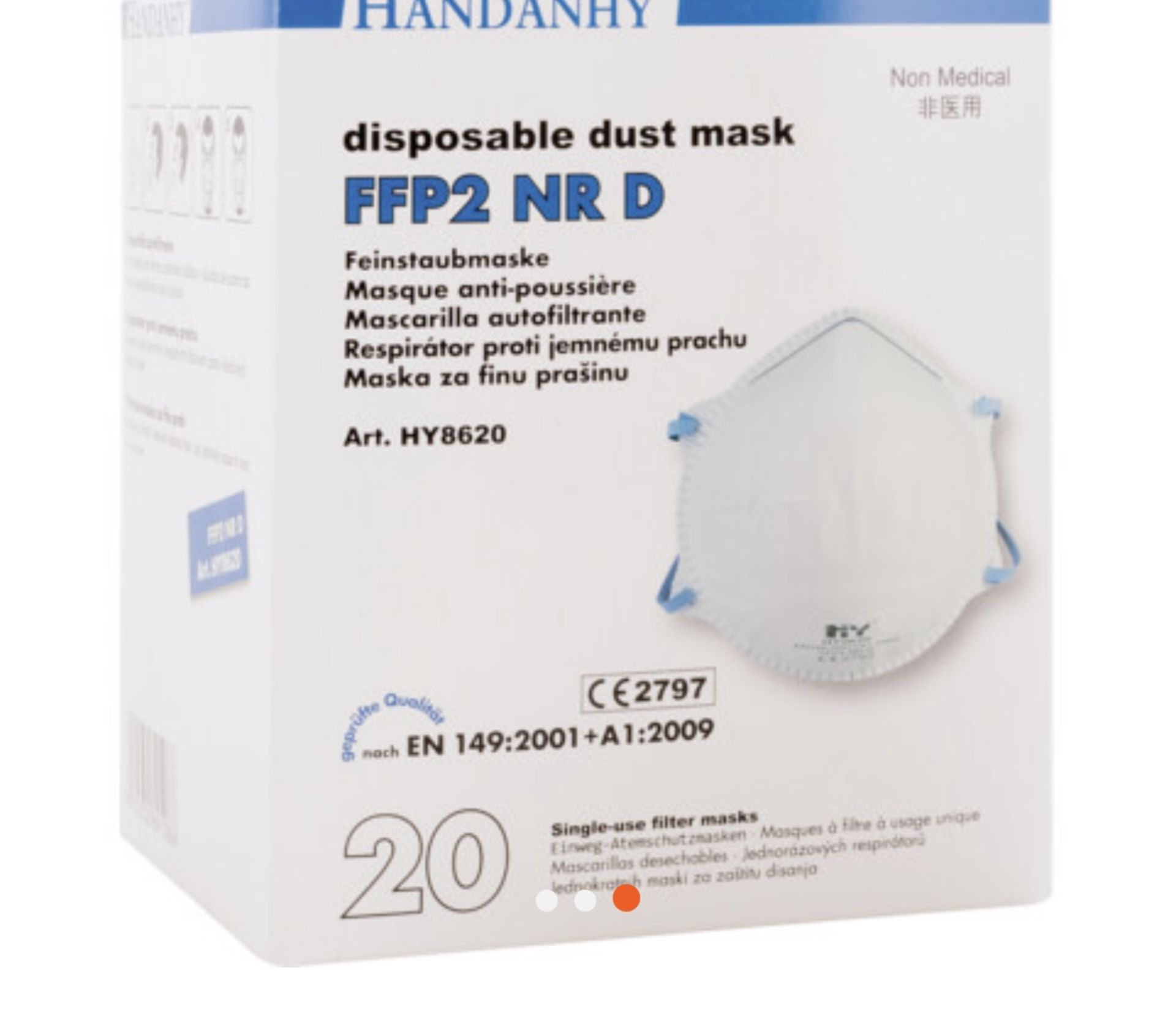 480 BOXES OF HANDANHY HY8620 FFP2 DUST PROTECTION FACE MASKS WORKWEAR 20pack - RRP £4.99, EXP 05/25