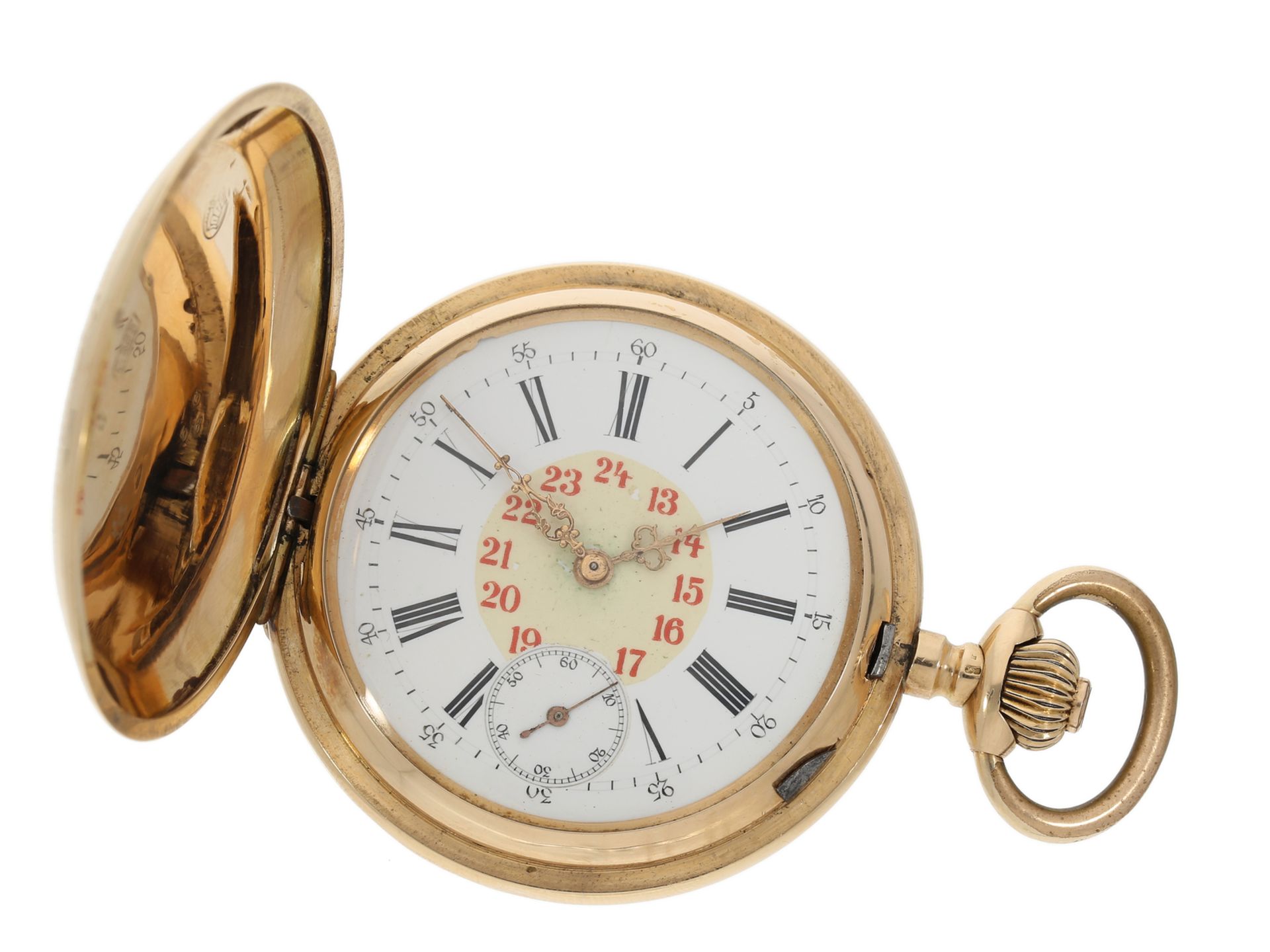 Taschenuhr: schöne 14K Gold-Savonnette mit Uhrenkette, ca. 1924