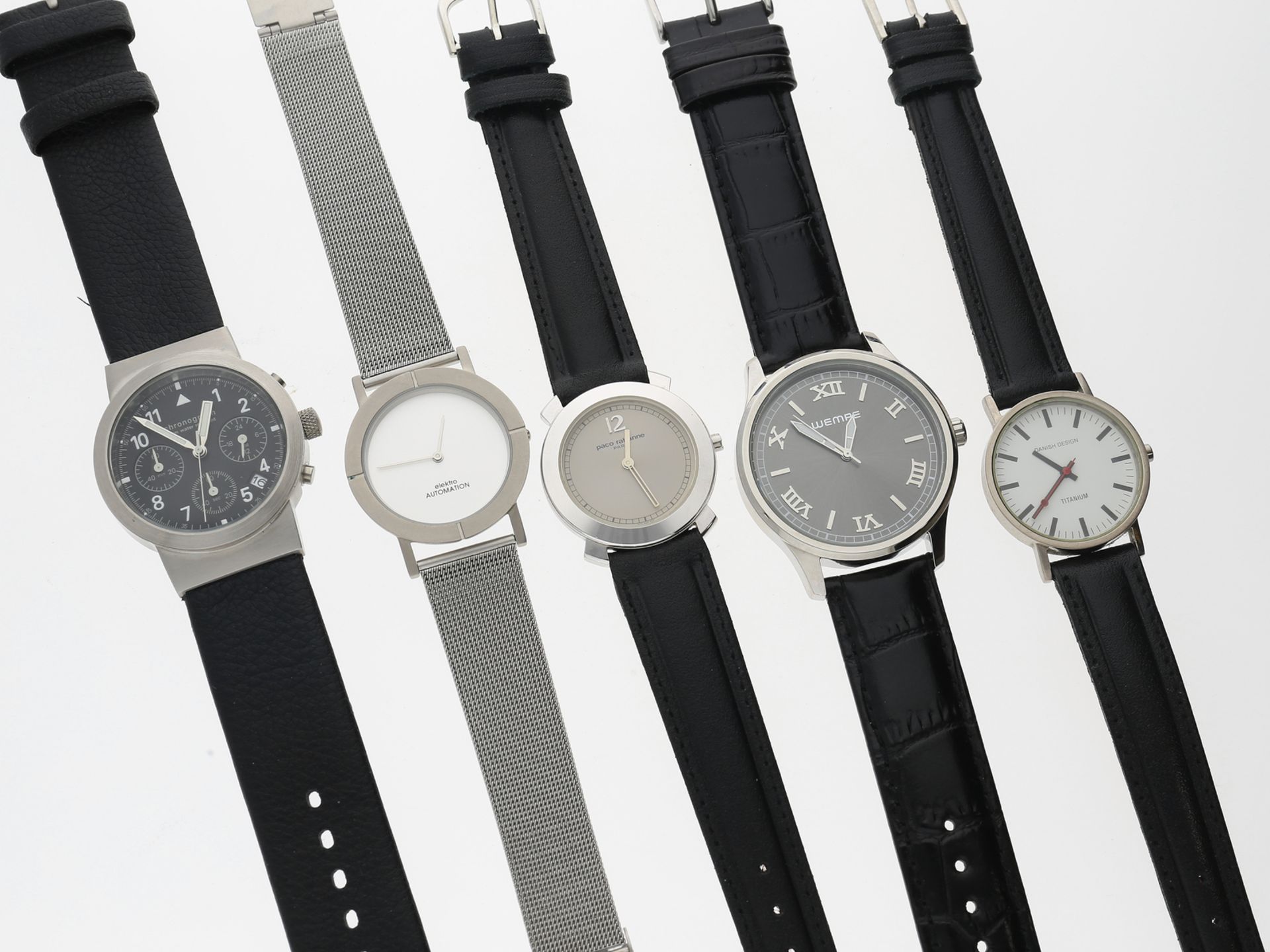 Konvolut von 5 Quarz-Armbanduhren, dabei Wempe, Paco Rabanne, Danish Design, neuwertig