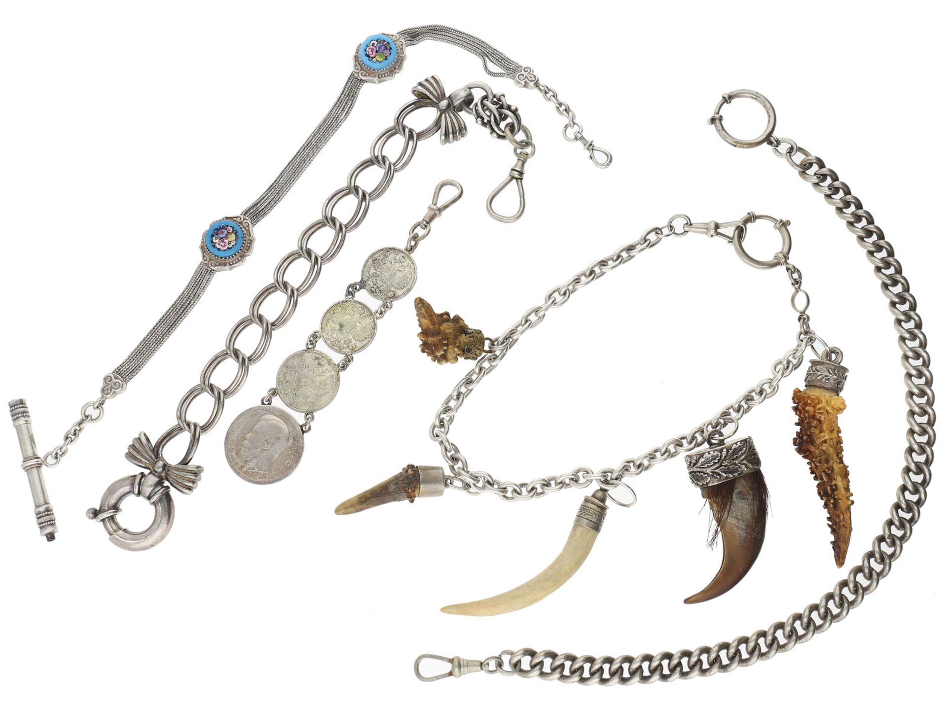 Uhrenketten/Trachtenschmuck: interessantes und ausgefallenes Konvolut silberne Taschenuhrenketten