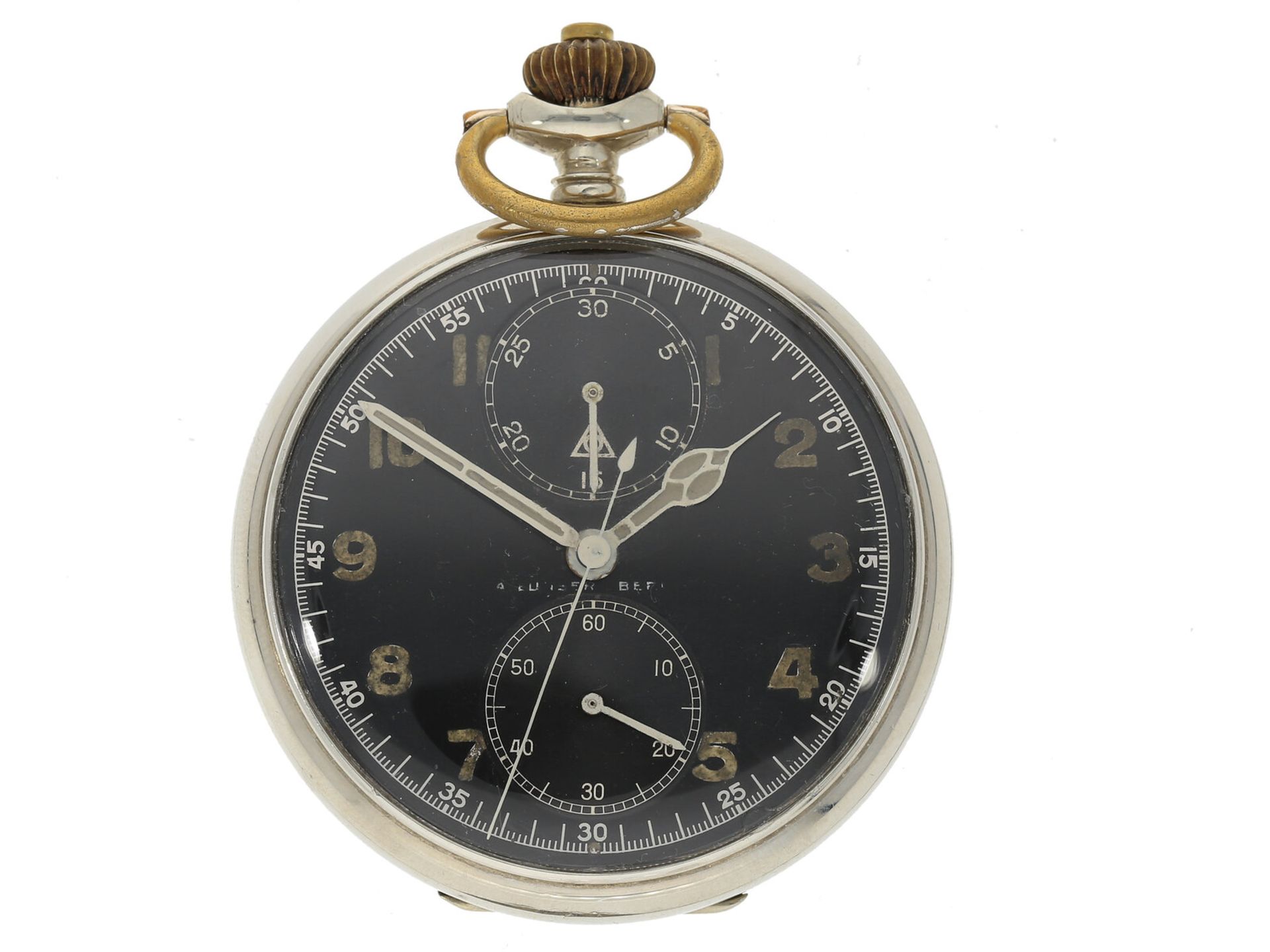 Taschenuhr: Alpina-Chronograph mit 30-Minuten-Zähler und schwarzem Blatt, um 1925