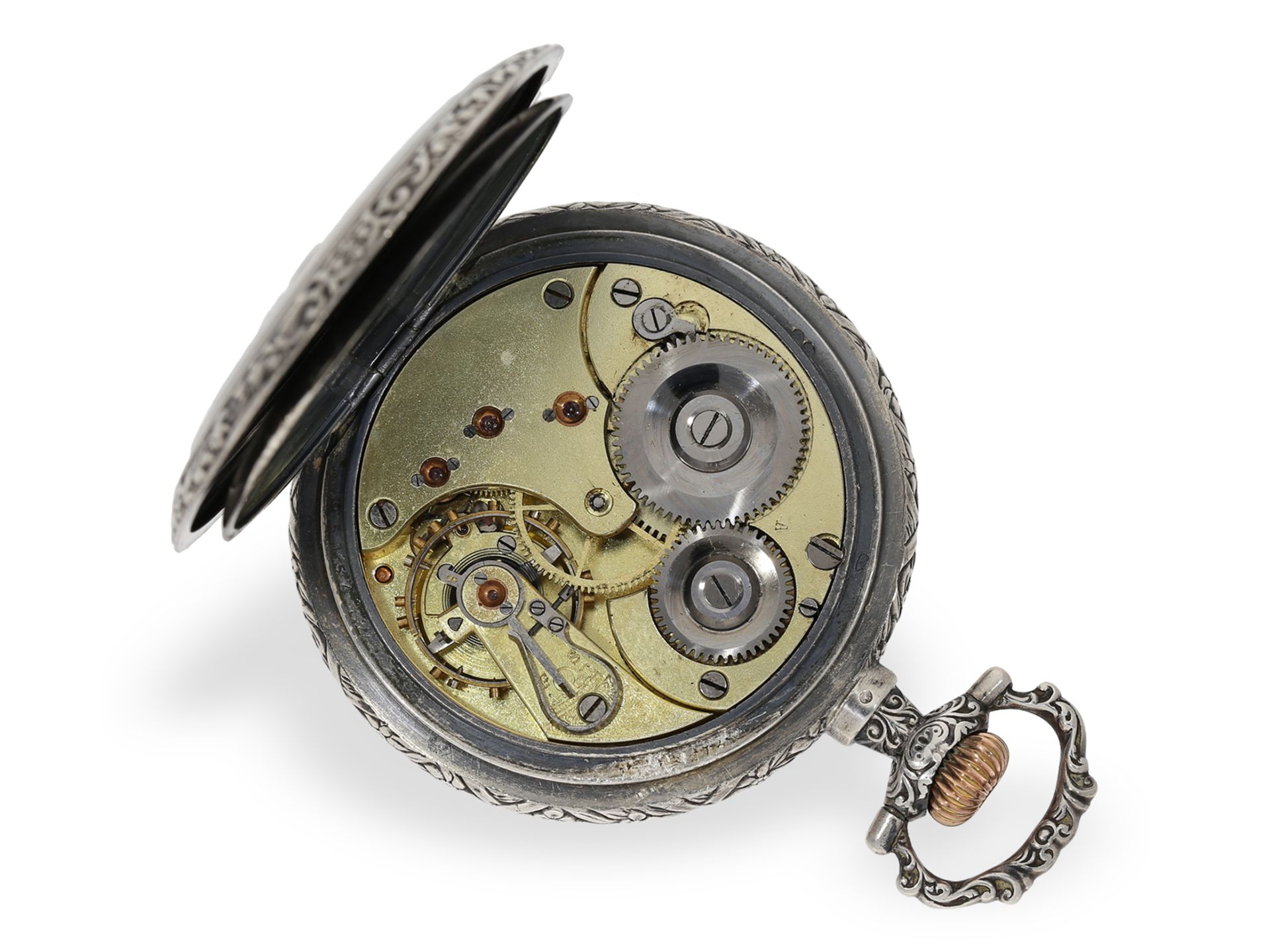 Taschenuhr: prächtige Jugendstil Relief-Taschenuhr von Omega, Spitzen-Kaliber, ca. 1900: Ca. Ø 53mm, - Bild 2 aus 5