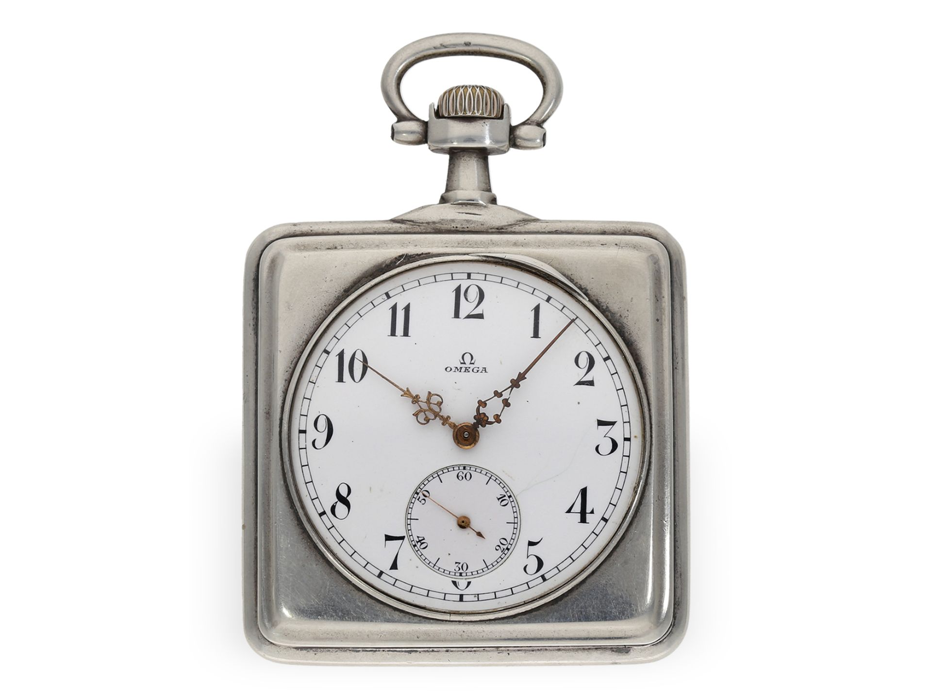 Taschenuhr: seltene quadratische Taschenuhr von Omega, vermutlich um 1900: Ca.49 × 49 mm, ca. 76g,