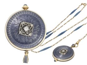 Anhängeuhr: Art Nouveau Gold/Emaille/Platin-Anhängeuhr mit dazugehöriger Halskette und
