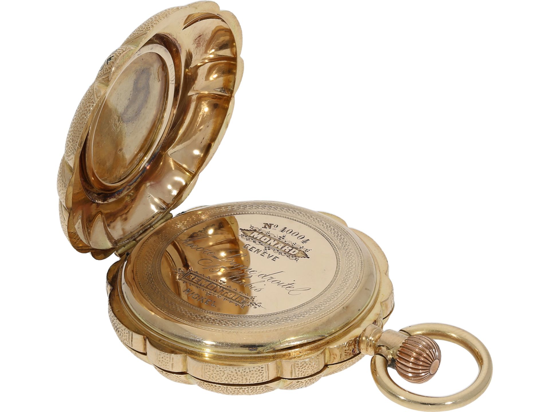 Pocket watch: gold/enamel splendour hunting case watch set with diamonds, Monard Geneve, ca. 1870 - Image 7 of 8