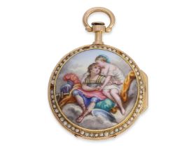 Taschenuhr: exquisite "Louis XV" Gold/Emaille-Spindeluhr mit Perlenbesatz, fantastische Qualität,