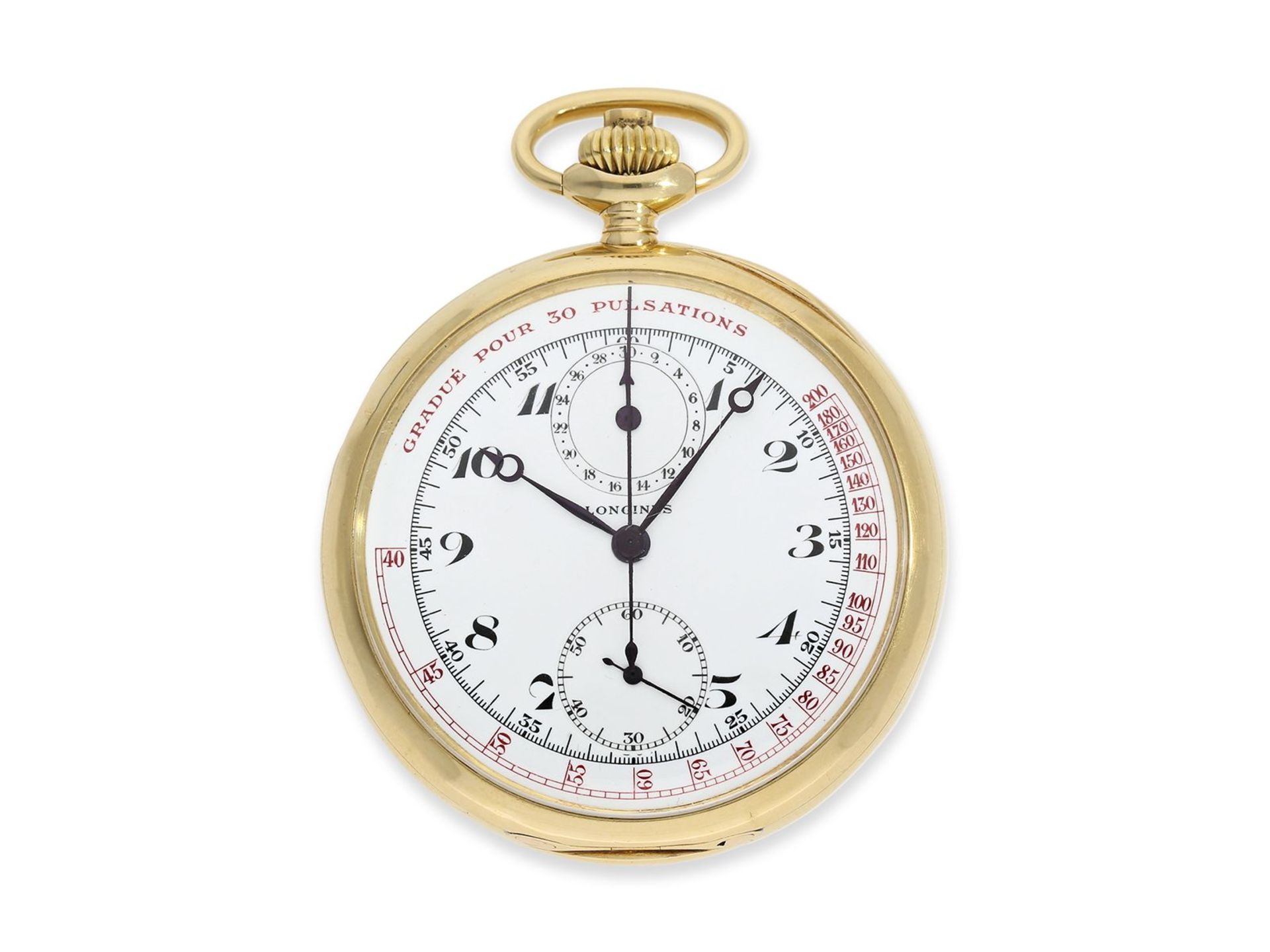 Pocket watch: fine 18K gold doctor's chronograph, Longines, ca. 1915, Ankerchronometer quality