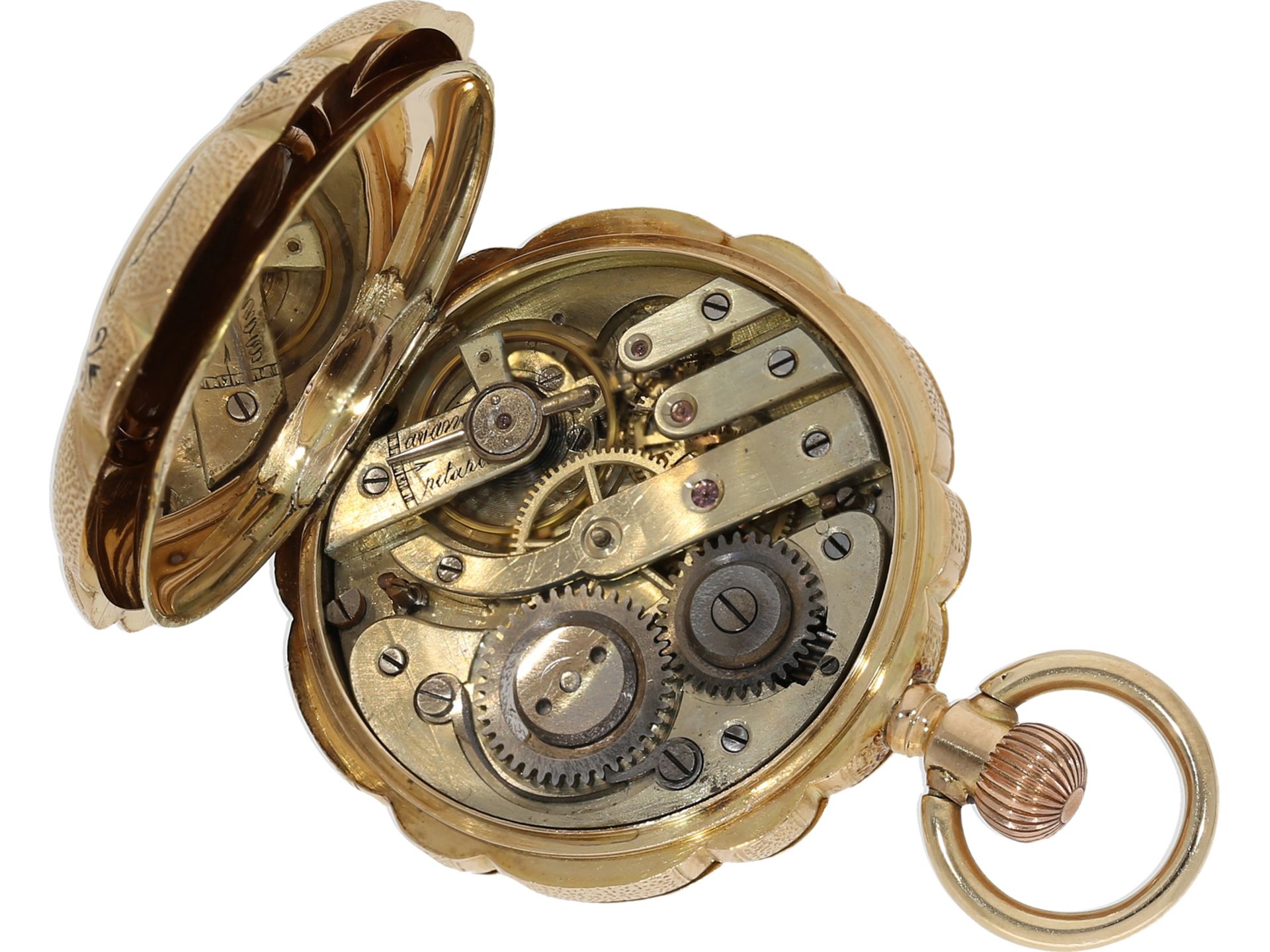 Pocket watch: gold/enamel splendour hunting case watch set with diamonds, Monard Geneve, ca. 1870 - Image 4 of 8
