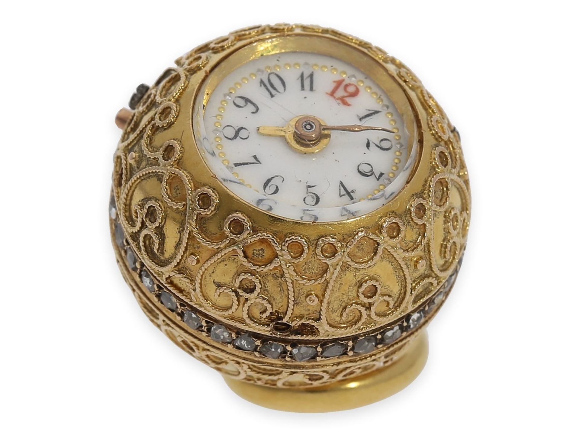 Form watch/ pendant watch: exquisite "Boule de Geneve" ball form watch with granulation and diamond  - Image 2 of 6