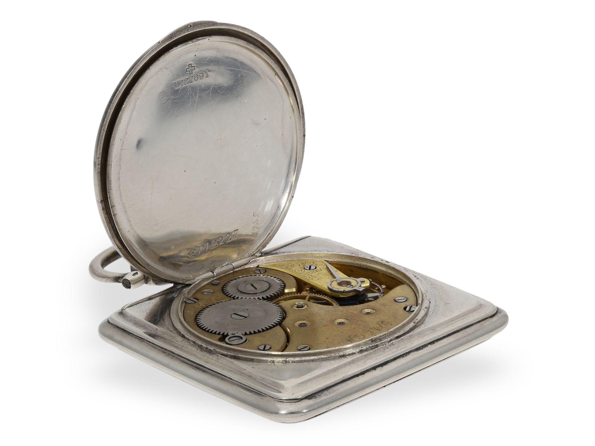 Taschenuhr: seltene quadratische Taschenuhr von Omega, vermutlich um 1900: Ca.49 × 49 mm, ca. 76g, - Bild 4 aus 6
