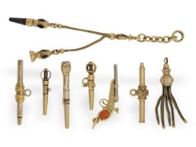 Uhrenschlüssel: Konvolut seltener goldener Spindeluhrenschlüssel, ca. 1780-1850: 7 Schlüssel, 1