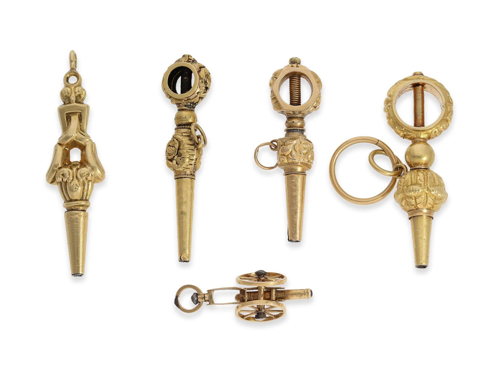 Watch keys: 5 rare gold verge watch keys, 18th century and early 19th century
