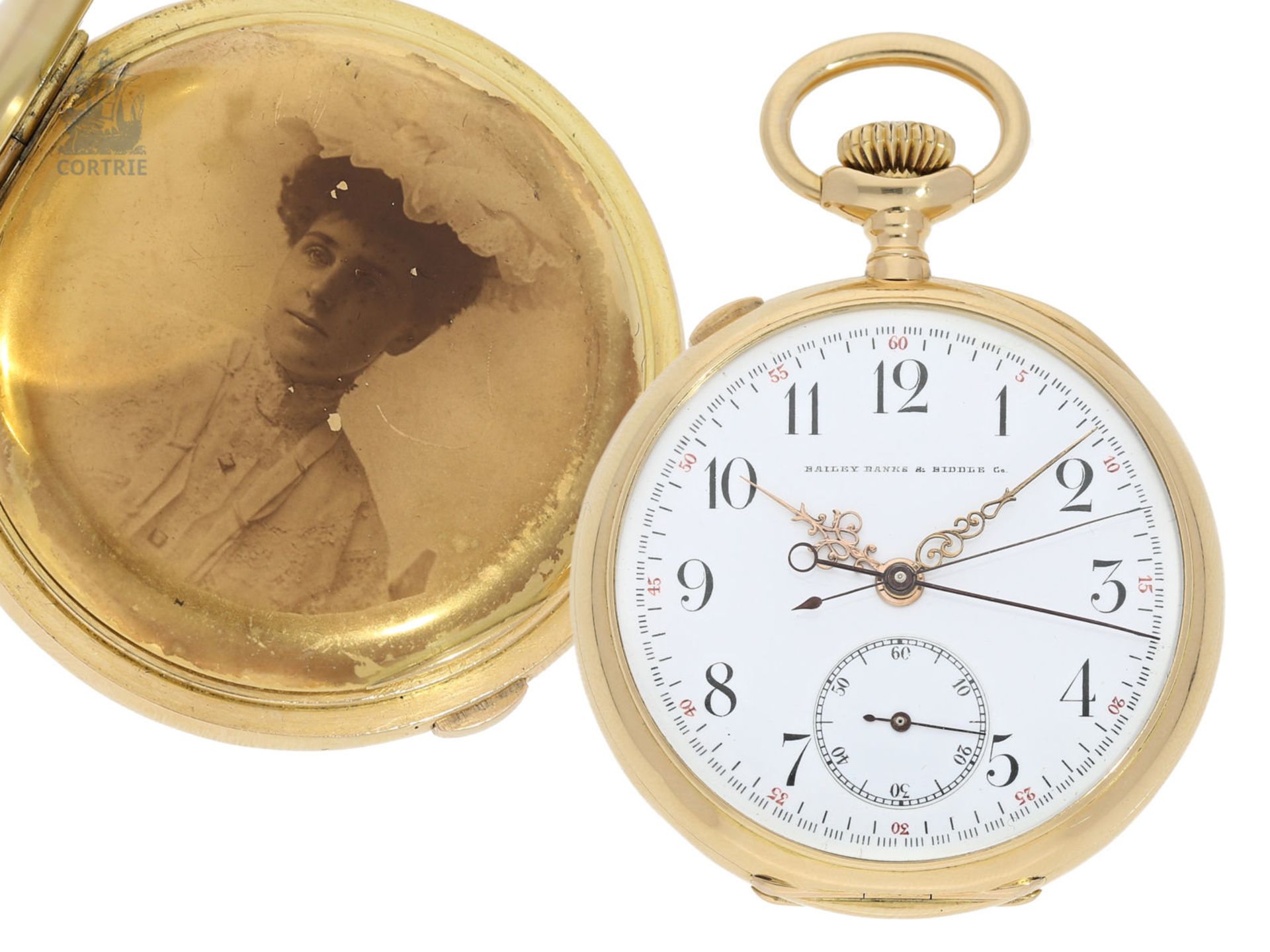 Pocket watch: very fine, small chronograph Rattrapante, gold/enamel case, Bailey, Banks & Biddle, no