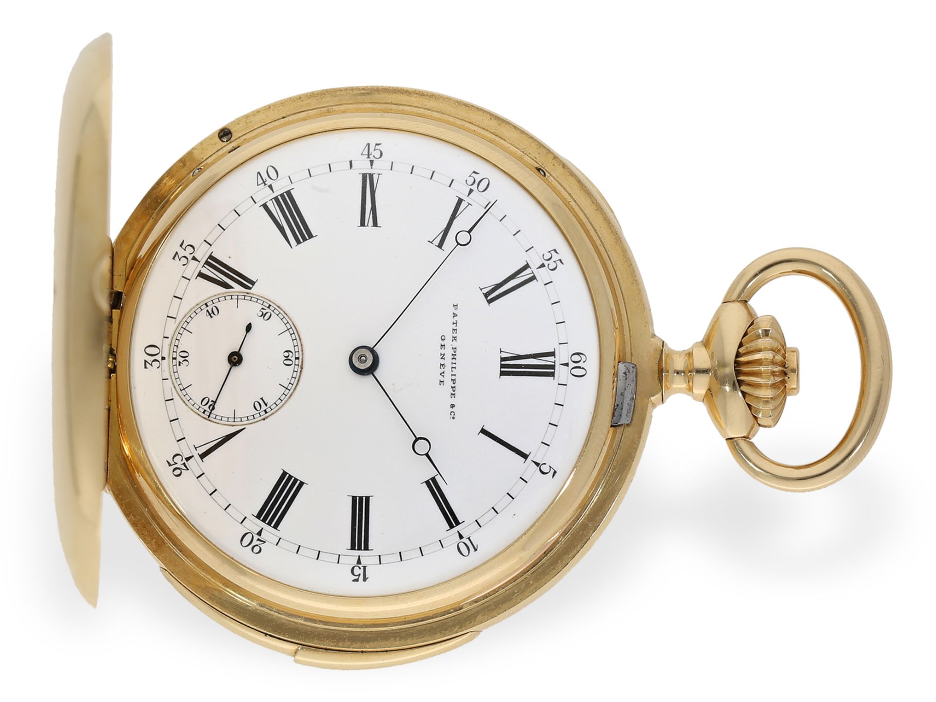 Pocket watch: unusual Patek Philippe gold hunting case watch with repeater and nobility monogram, ca