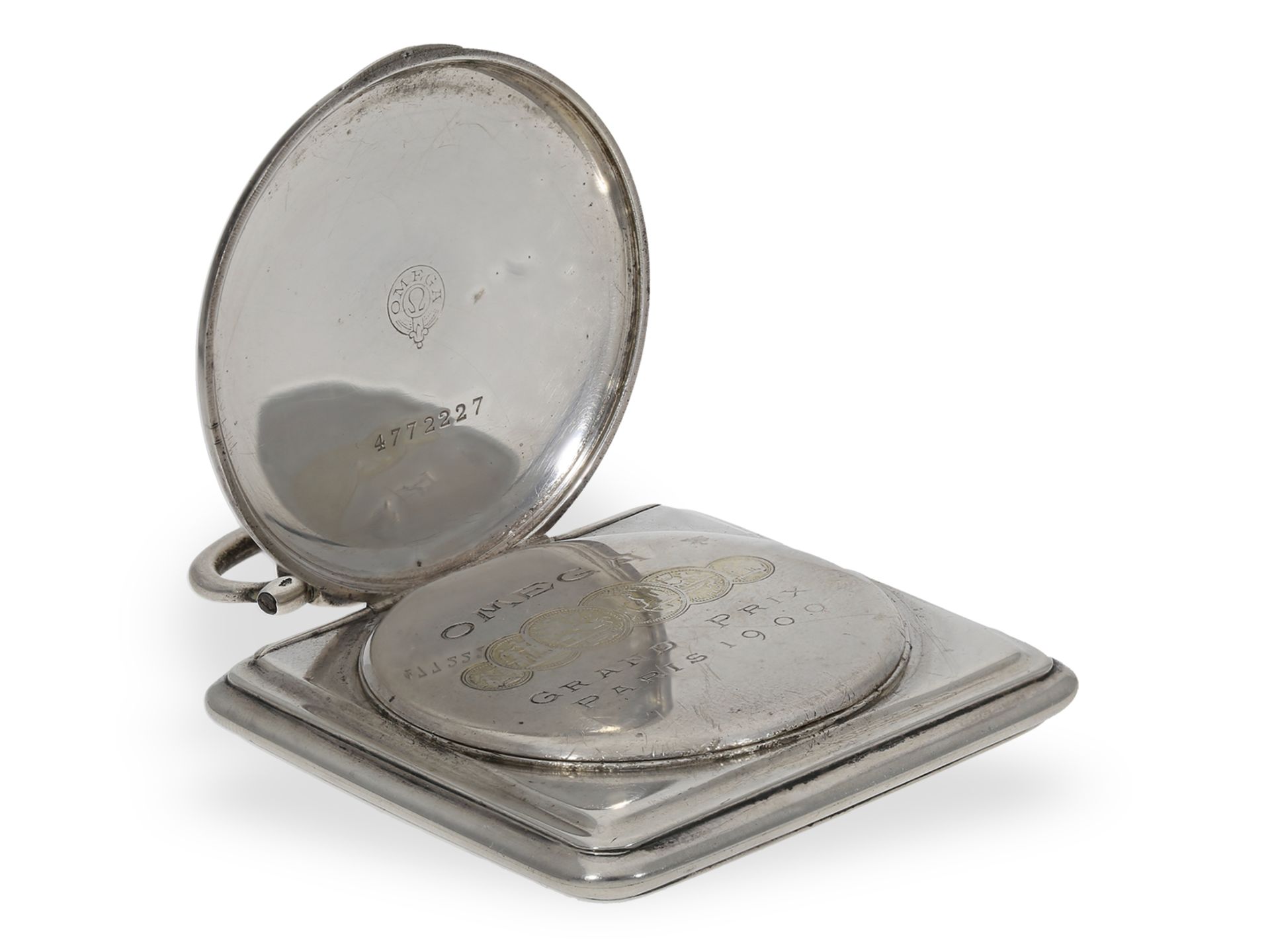 Taschenuhr: seltene quadratische Taschenuhr von Omega, vermutlich um 1900: Ca.49 × 49 mm, ca. 76g, - Bild 5 aus 6