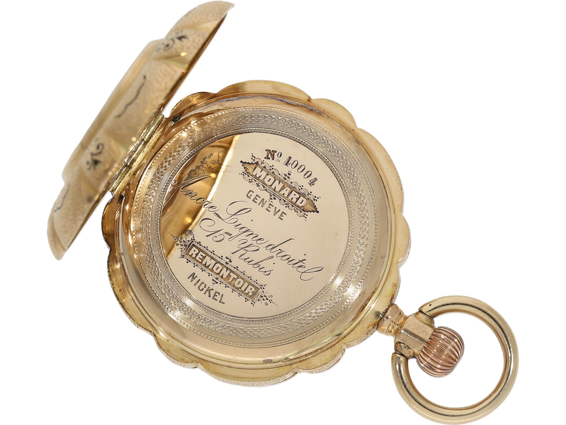 Pocket watch: gold/enamel splendour hunting case watch set with diamonds, Monard Geneve, ca. 1870 - Image 5 of 8